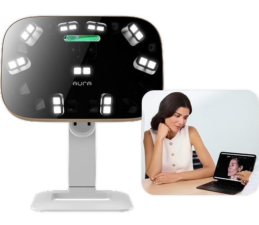 The full Aura Reality 3D Imaging System beside a guest reviewing a facial image on a tablet.