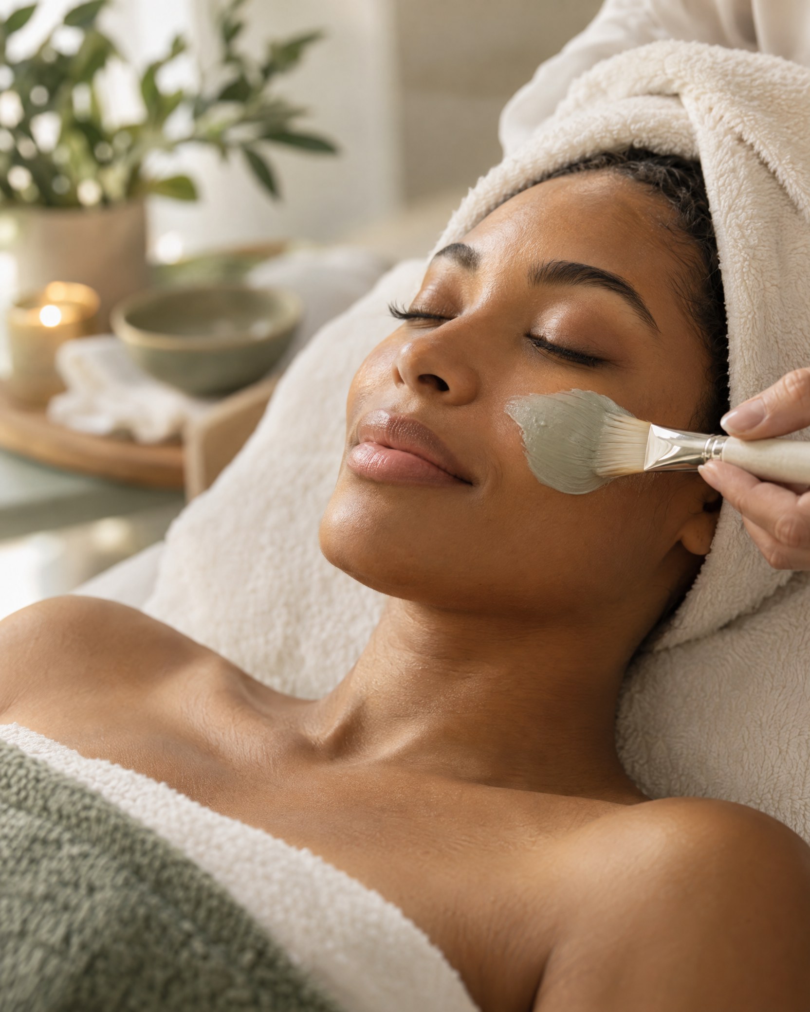 A guest relaxing during a gentle facial treatment in a serene spa setting